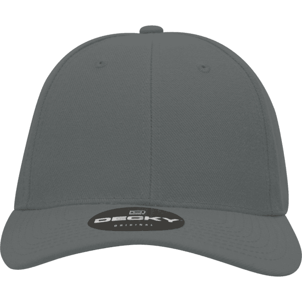 A grey, high-profile fitted cap with a structured design and a visible logo.