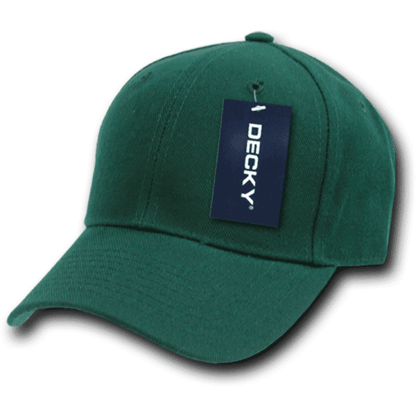 A green 6-panel fitted cap featuring a tag and a logo. Made from acry/poly material.