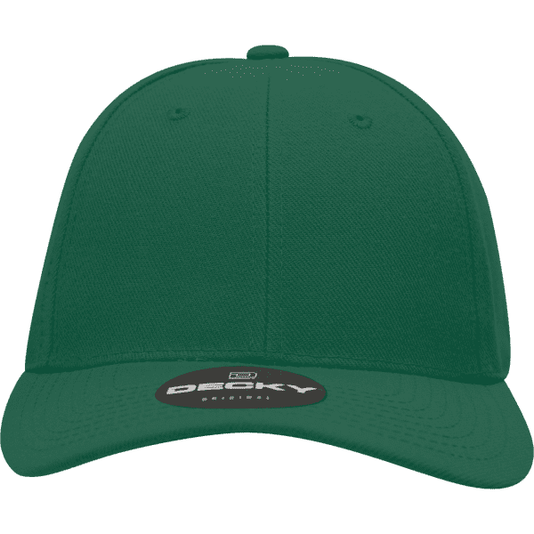 A green high-profile structured fitted cap featuring a branded logo on the front.