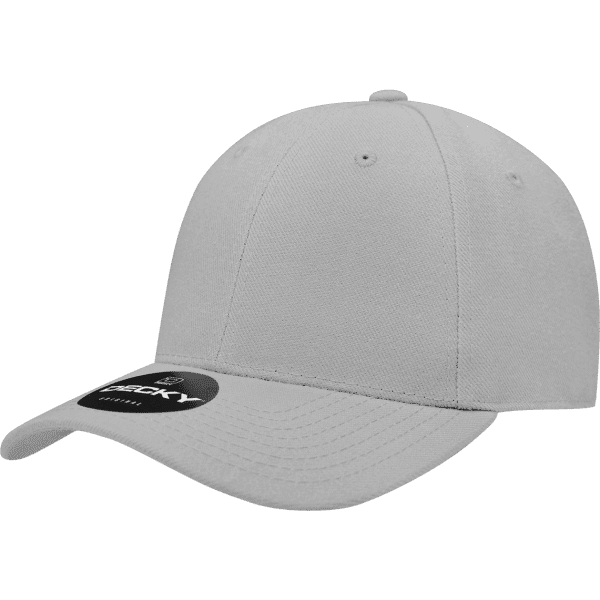 A grey fitted cap with a curved brim and a tag attached, featuring a logo on the front.