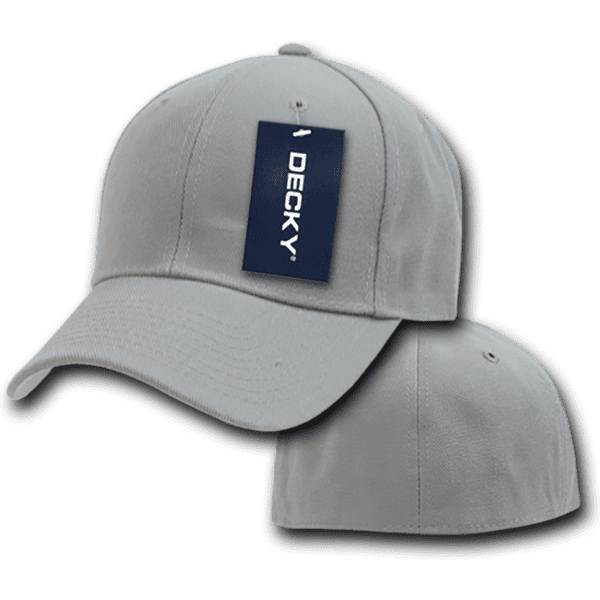A grey fitted cap featuring a structured design and a logo tag.
