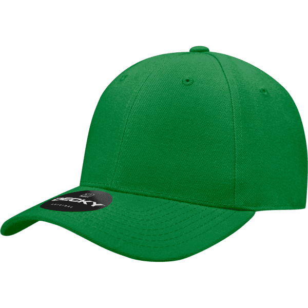A green fitted cap with a tag, featuring a brand logo. It has six panels and a curved brim.