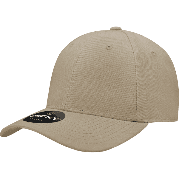 A fitted cap in khaki with a branded tag attached. It features a classic six-panel design.