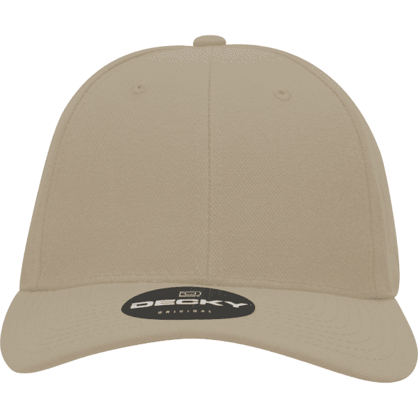 A high-profile fitted cap in sandy beige with a structured design and a logo on the front.