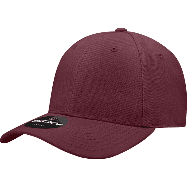 A maroon fitted cap with a six-panel design and a tag attached. It features a logo on the front.