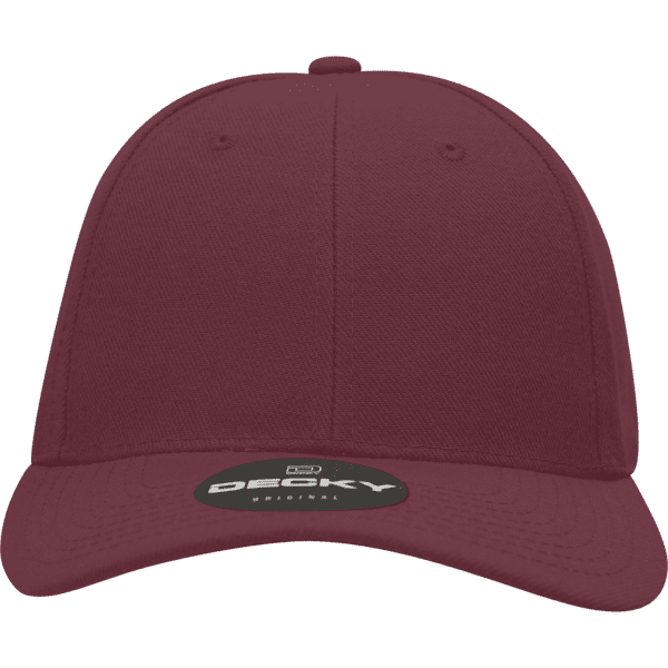 A maroon fitted cap with a structured six-panel design and a logo on the front.