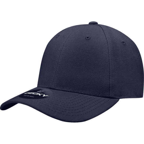 A fitted navy cap with a stitched logo and a tag attached.
