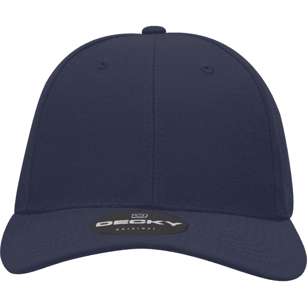 A navy blue fitted cap featuring a structured design and a branded logo on the front.