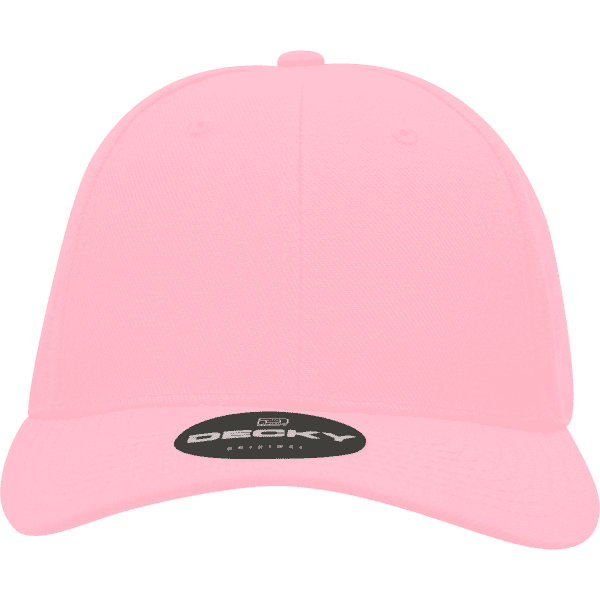 A pink 6-panel high profile structured fitted cap with a branding logo on the underside of the brim.