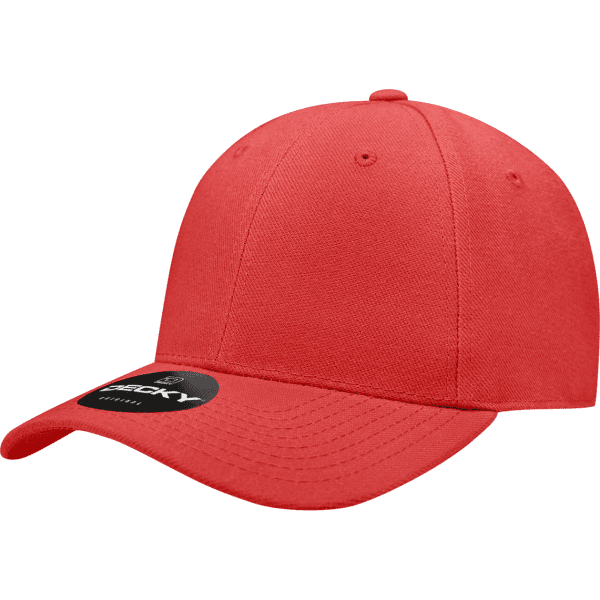 A red fitted cap with a tag attached, featuring a logo on the front.