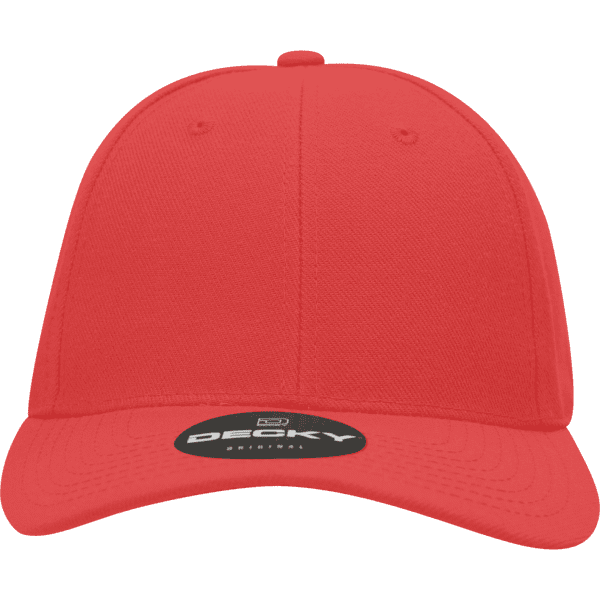 A red, six-panel high-profile structured fitted cap with a black logo on the front.