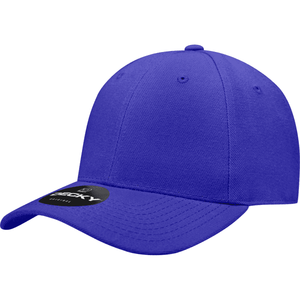 A blue fitted cap with a curved brim and a tag, featuring a logo on the front.
