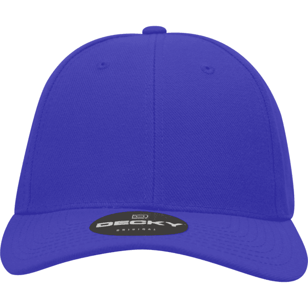 A high-profile structured fitted cap in vibrant blue, featuring a branded logo on the front.
