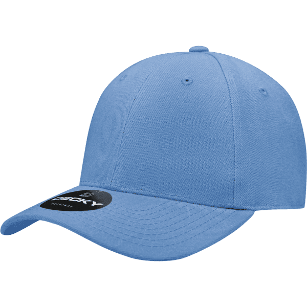 A blue fitted cap with six panels and a tag attached. The cap features a branding logo.