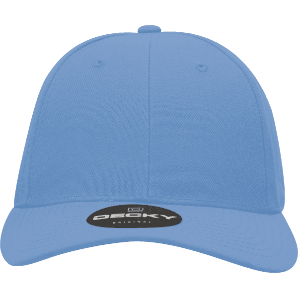 A blue high profile structured fitted cap with a rounded crown and a branded label on the front.