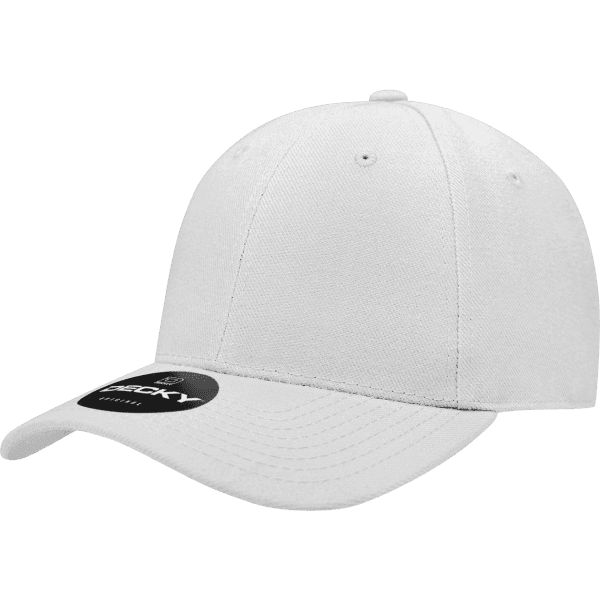 A fitted cap in white with a branded tag attached. Features a six-panel design.