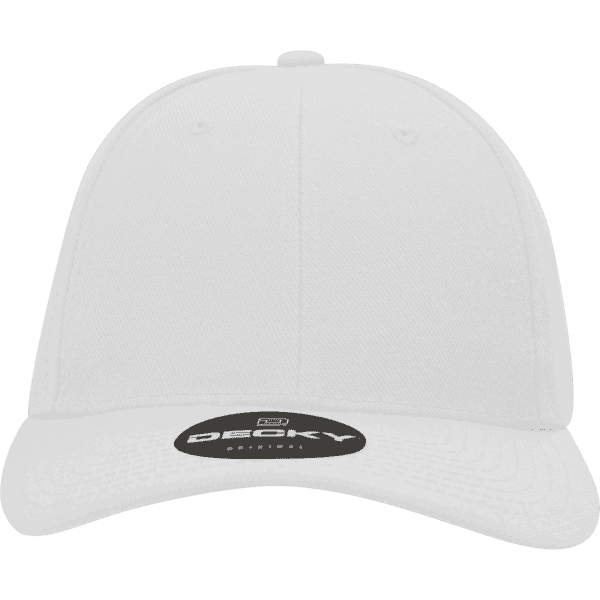 A white six-panel high profile structured fitted cap with a logo on the brim.