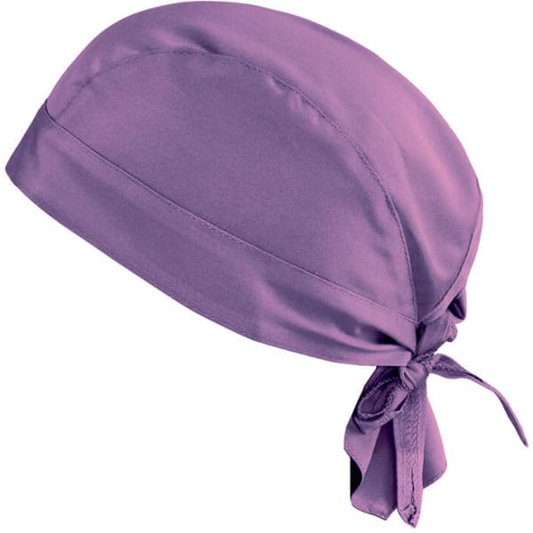 A purple bandana with a smooth texture, featuring a tied back design. It includes a logo on the surface.