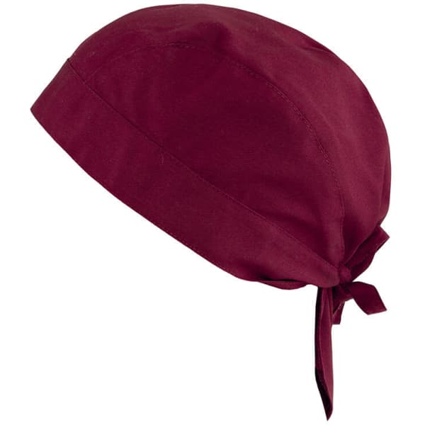 A maroon bandana with a tied back design, featuring a simple and smooth fabric. It includes a logo.