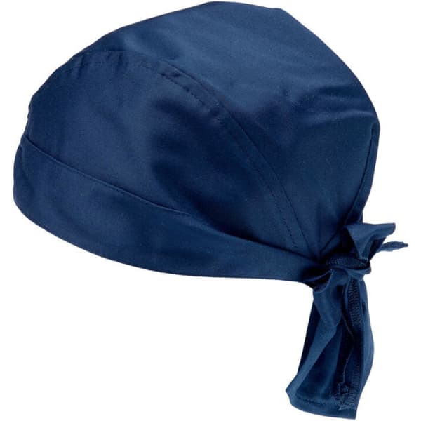 A navy bandana with a tied design, featuring a smooth fabric and a simple, stylish silhouette.