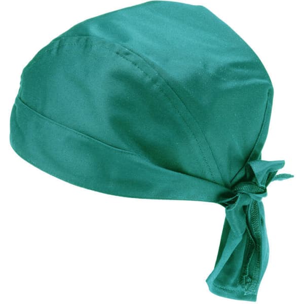 A teal bandana with a tied knot at the back, featuring a smooth fabric texture.