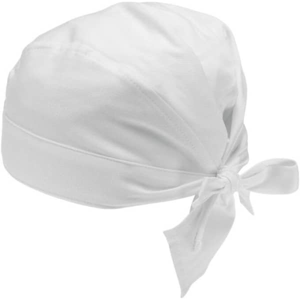 A white bandana with a tied design, featuring a soft fabric. It has no visible logos or branding.