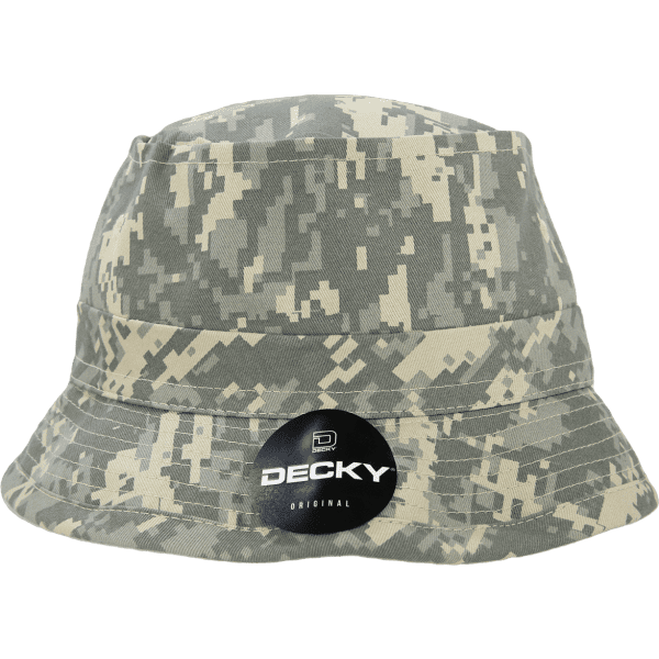 A structured bucket hat in a grey camouflage pattern, featuring a branded logo tag.