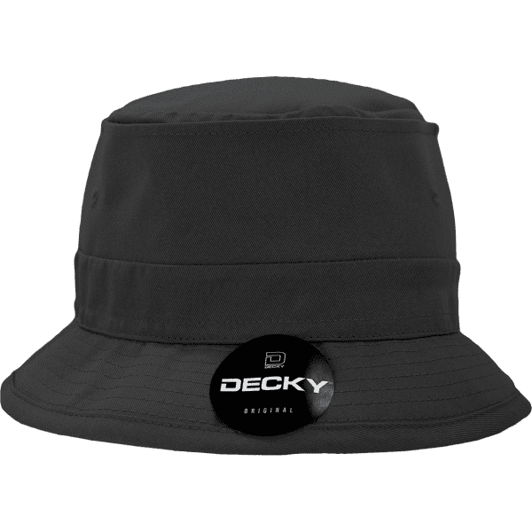 A black cotton fisherman's hat with a circular logo attached, featuring a wide brim.