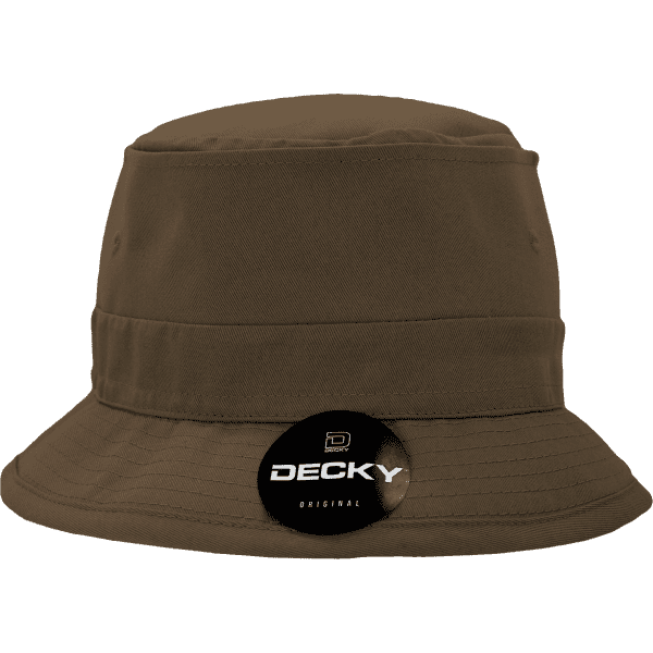 A brown Cotton Fisherman's hat with a wide brim and a logo on the side.