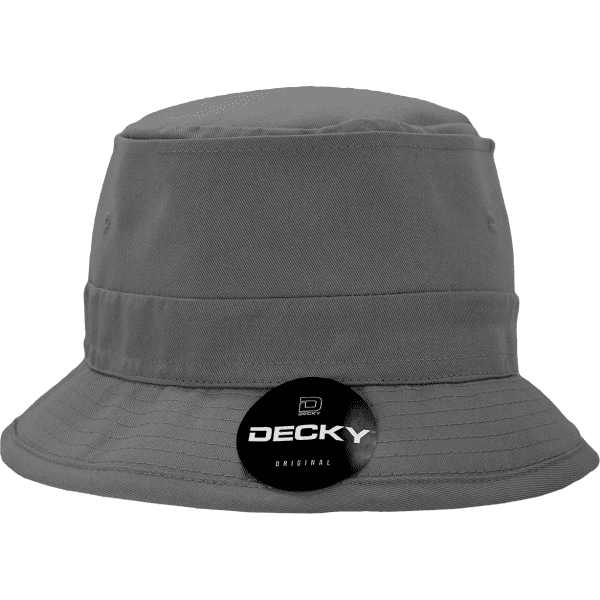 A grey cotton bucket hat featuring a branded logo. Ideal for casual wear and outdoor activities.