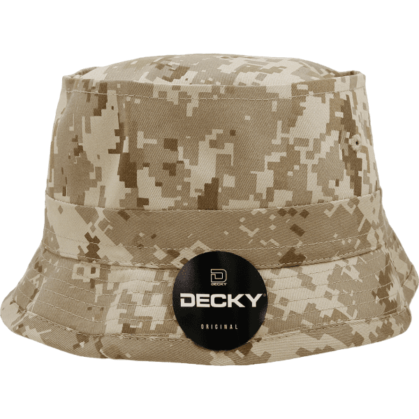 A beige bucket hat with a camouflage pattern, featuring a logo on the side.