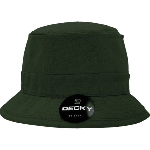 A green cotton fisherman’s hat with a logo on the side, featuring a wide brim.