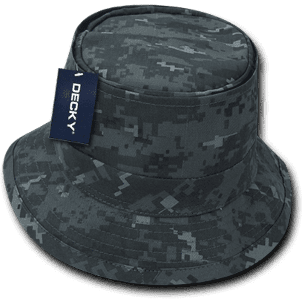 A grey camouflage cotton fisherman’s hat with a tag, featuring a wide brim and bucket design.