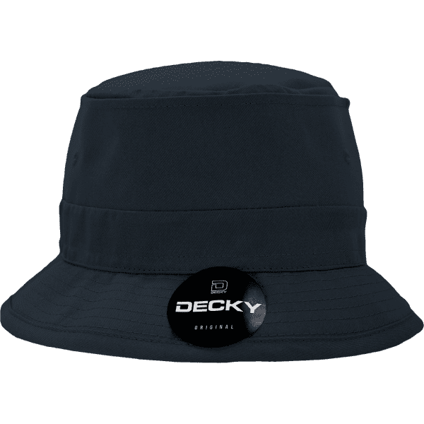 A dark navy cotton fisherman’s hat with a wide brim and a logo tag.