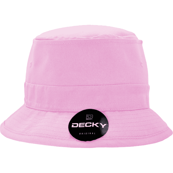 A pink cotton fisherman’s hat featuring a branded tag, designed as a brim and bucket hat.