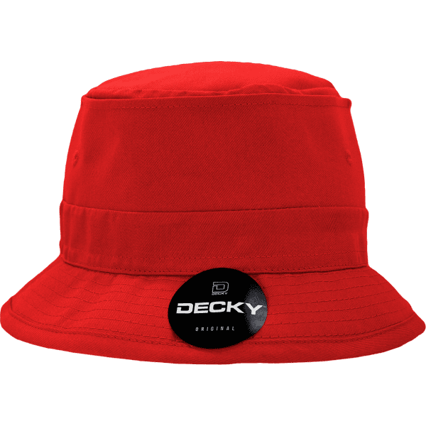 A red cotton fisherman’s hat with a branded tag, featuring a wide brim and a bucket hat style.