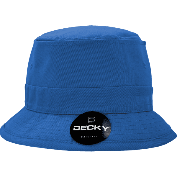 A blue cotton fisherman’s hat with a wide brim and a logo on the front.