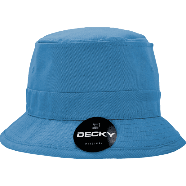 A blue cotton fisherman’s hat with a wide brim and a logo. The hat has a relaxed, casual style.