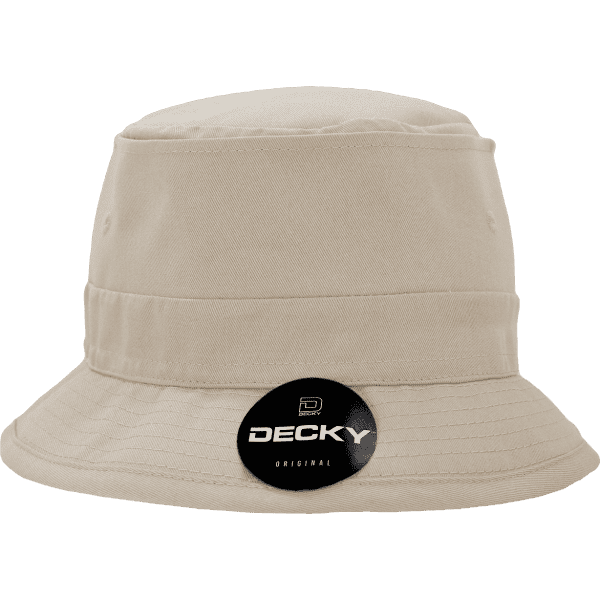 A beige cotton fisherman’s hat featuring a wide brim and a logo badge.