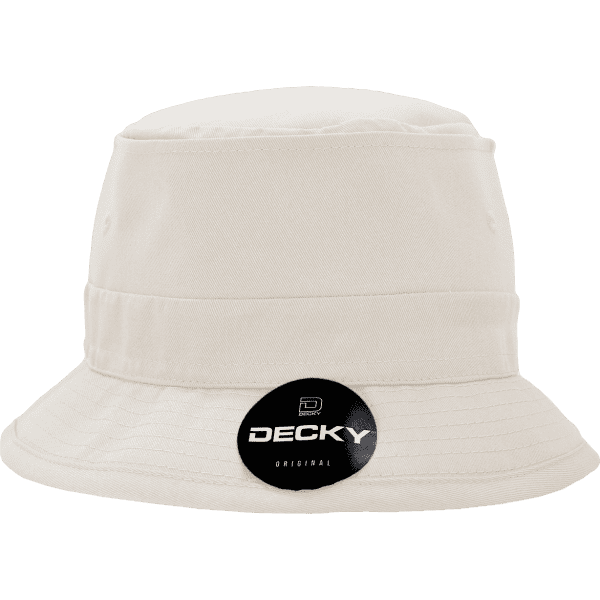 A cream-coloured cotton fisherman’s hat featuring a wide brim and a branding logo on the side.