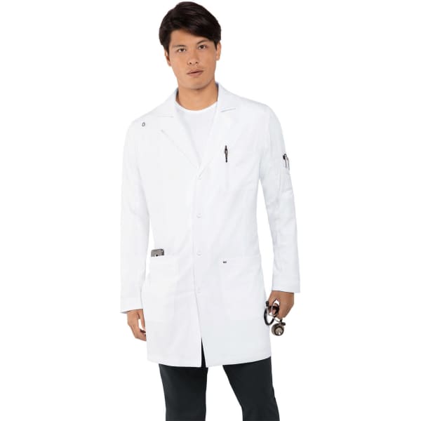 A white lab coat is worn by a man holding a stethoscope, featuring a logo on the sleeve.