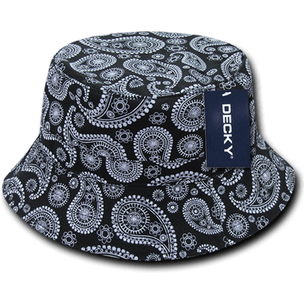 A black bucket hat featuring a white paisley pattern and a logo tag on the side.
