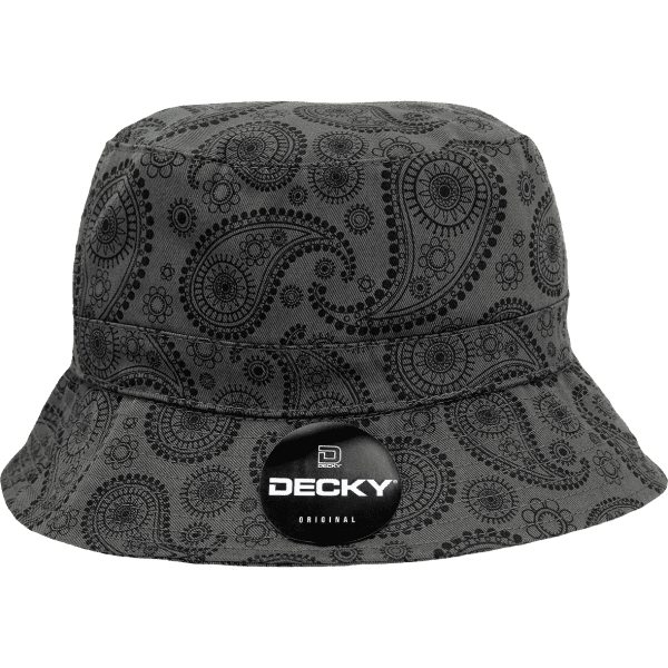 A black paisley bucket hat featuring a prominent logo. The design includes intricate patterns in a dark colour scheme.