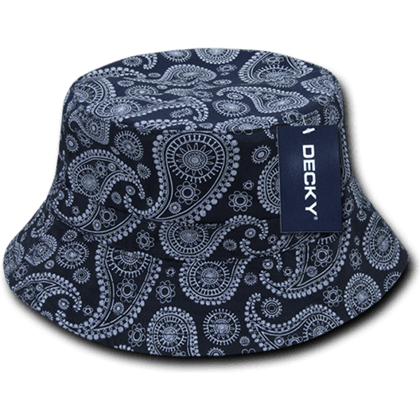 A navy blue bucket hat featuring a paisley pattern and a small logo tag.