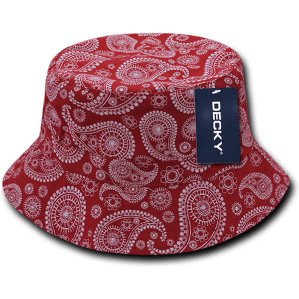 A red paisley bucket hat featuring a branded tag. The design includes intricate white paisley patterns.