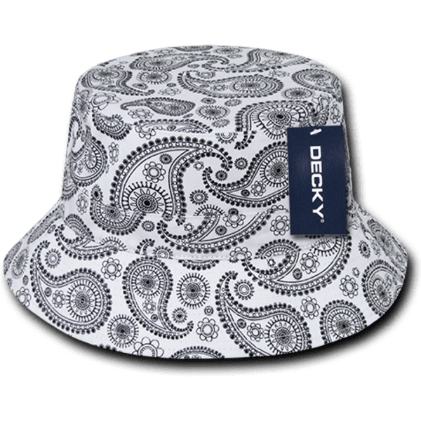 A paisley-patterned bucket hat in black and white, featuring a tag with branding.