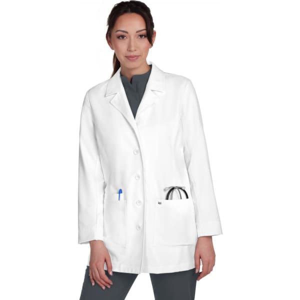 A white lab coat worn by a woman, featuring a pocket with a pen and a logo on the chest.