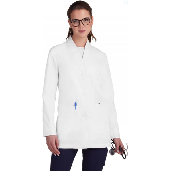 A white lab coat with a pocket, featuring a pen and sunglasses being held by a woman. It has a logo on it.