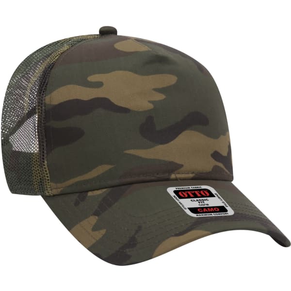 A 5-panel trucker hat in camouflage pattern, featuring a mesh back and a small logo on the front.