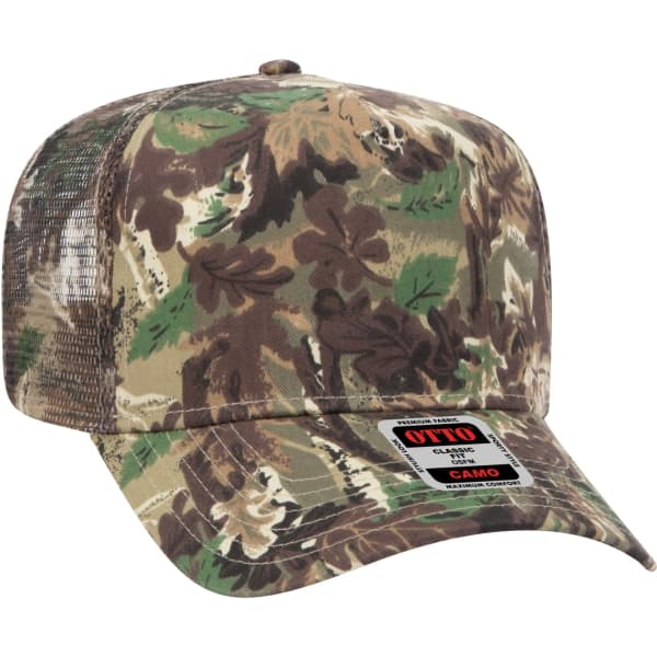 A 5 Panel Trucker Hat in camo pattern, featuring a mesh back and a logo.